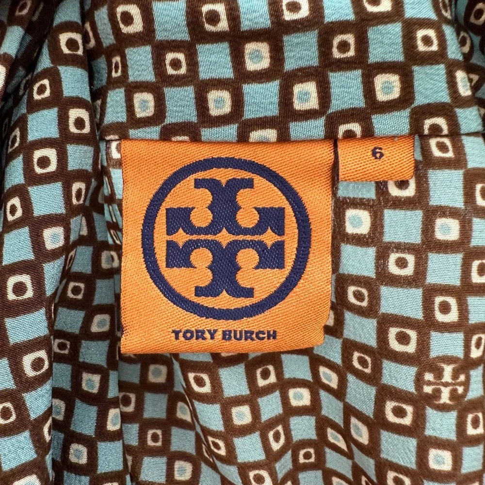 Tory Burch Aqua Brown Bow Tie Front Squares & Logo Print Blouse Sz‎ 6 100% Silk